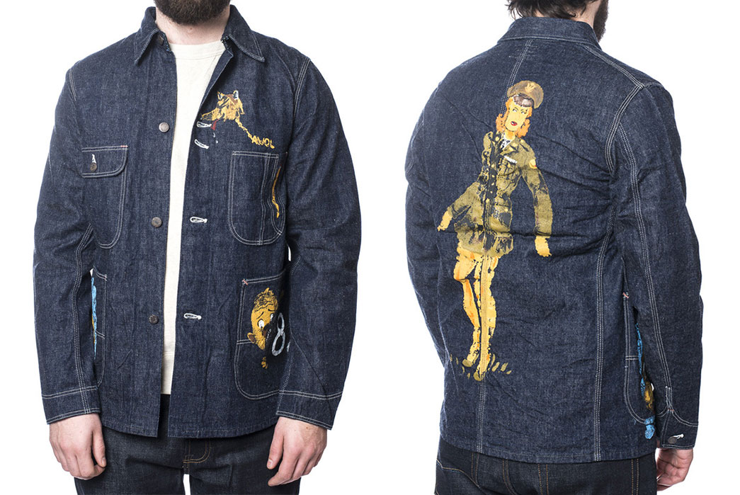 hellers cafe 1950s military art denim coverall jacket front and back fit