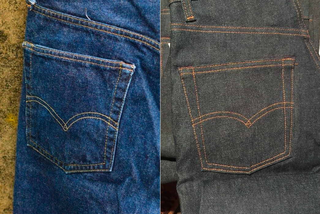 jeans with red stitching on back pocket