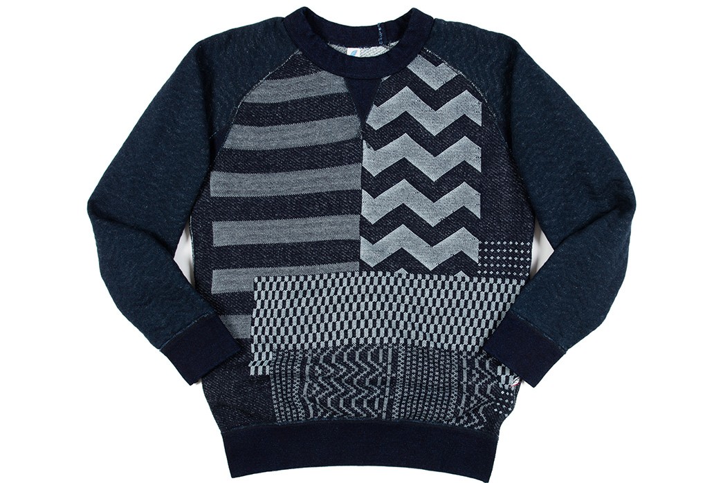Pure Blue Japan Patchwork Jacquard Crewneck Sweatshirt