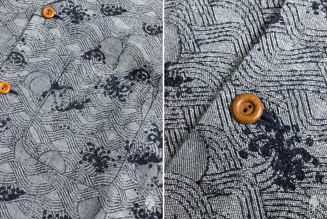 Momotaro's Indigo Peach Jacquard Aloha Shirt Looks Like an Ocean of Butts