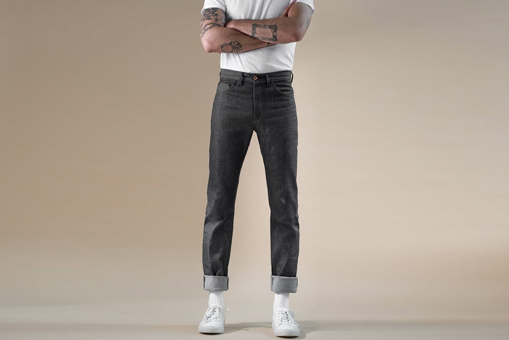 noble denims latest small batch uses 11 5oz charcoal grey selvedge denim model front