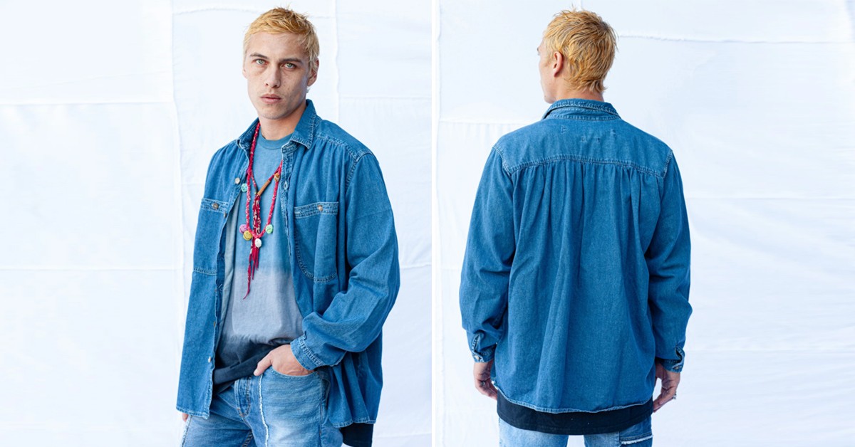 Phlobo - Long-Sleeve Collared Washed Oversized Denim Shirt | YesStyle
