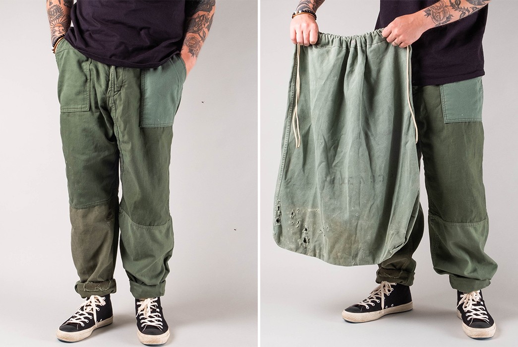 Lone Flag Rebuilds Vintage Military Laundry Bags into Patchwork Fatigues